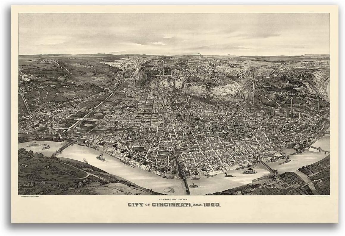 Bird's Eye View of Cincinnati Ohio Vintage City Map 1900 Fine Art Print