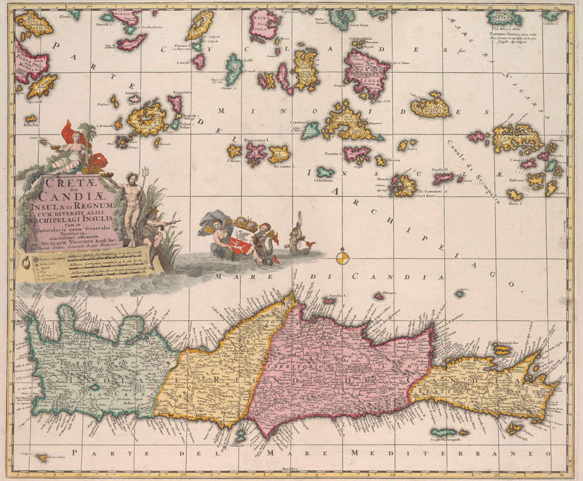 Crete & Aegean Islands Historic Map Print Antique 1680 Fine Art Print