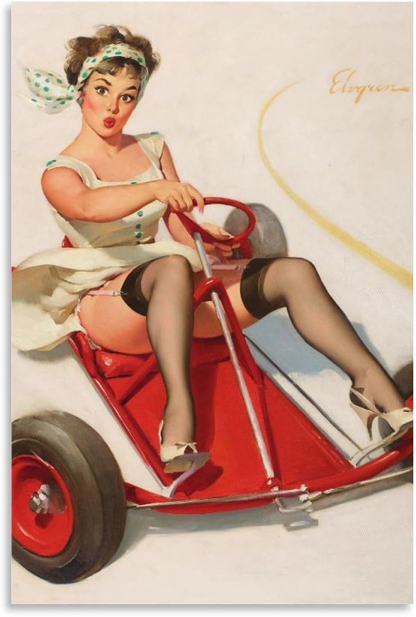 Gil Elvgren "Curving Around" Go-Kart Pin-Up Girl Vintage 1960  Fine Art Print