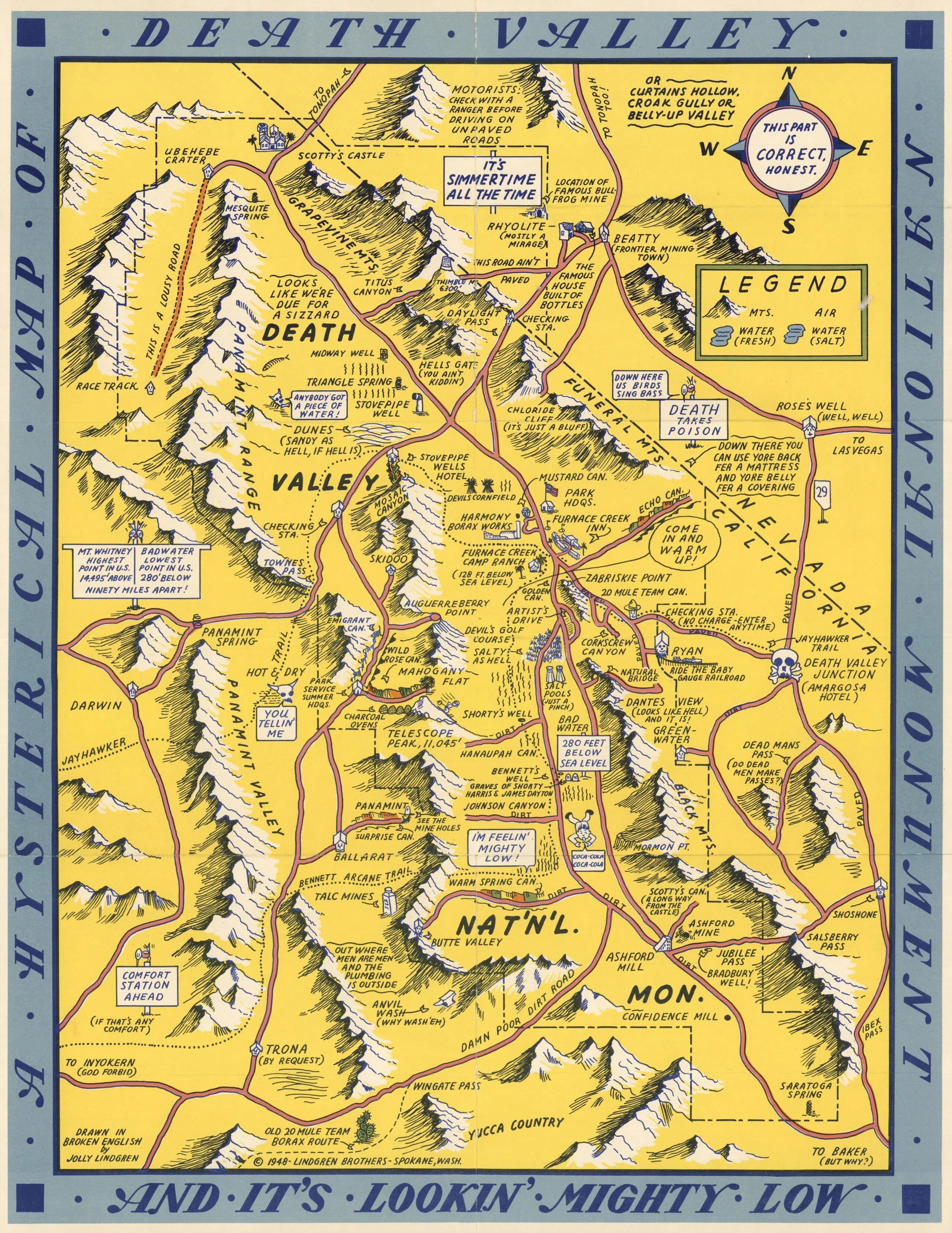 Death Valley National Monument Historic Map Poster 1948 Fine Art Print