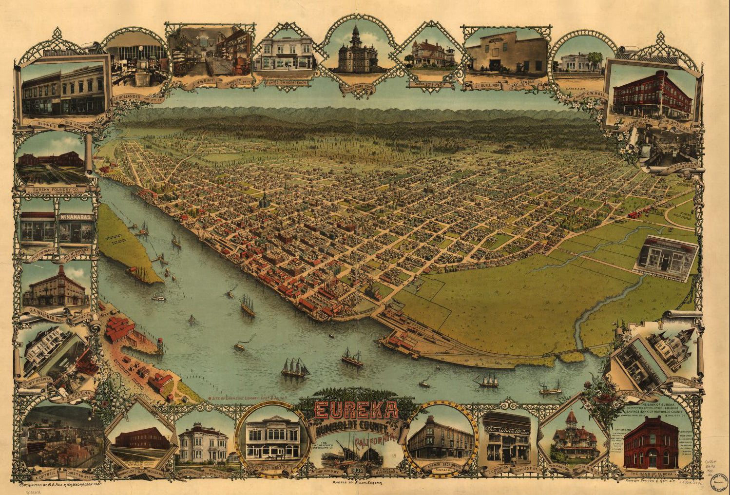 Eureka California Vintage Panoramic City Map Print 1902 Fine Art Print