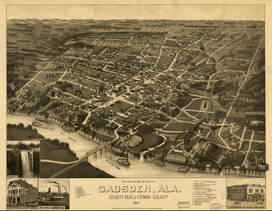 Bird's Eye View of Gadsden Alabama Vintage City Map 1887 Fine Art Print