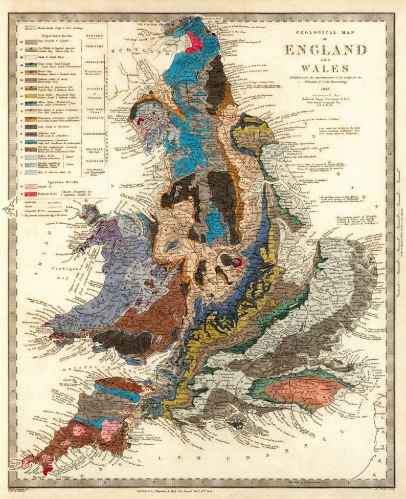 Geologic Map of England British UK Geology Vintage Poster 1843 Fine Art Print