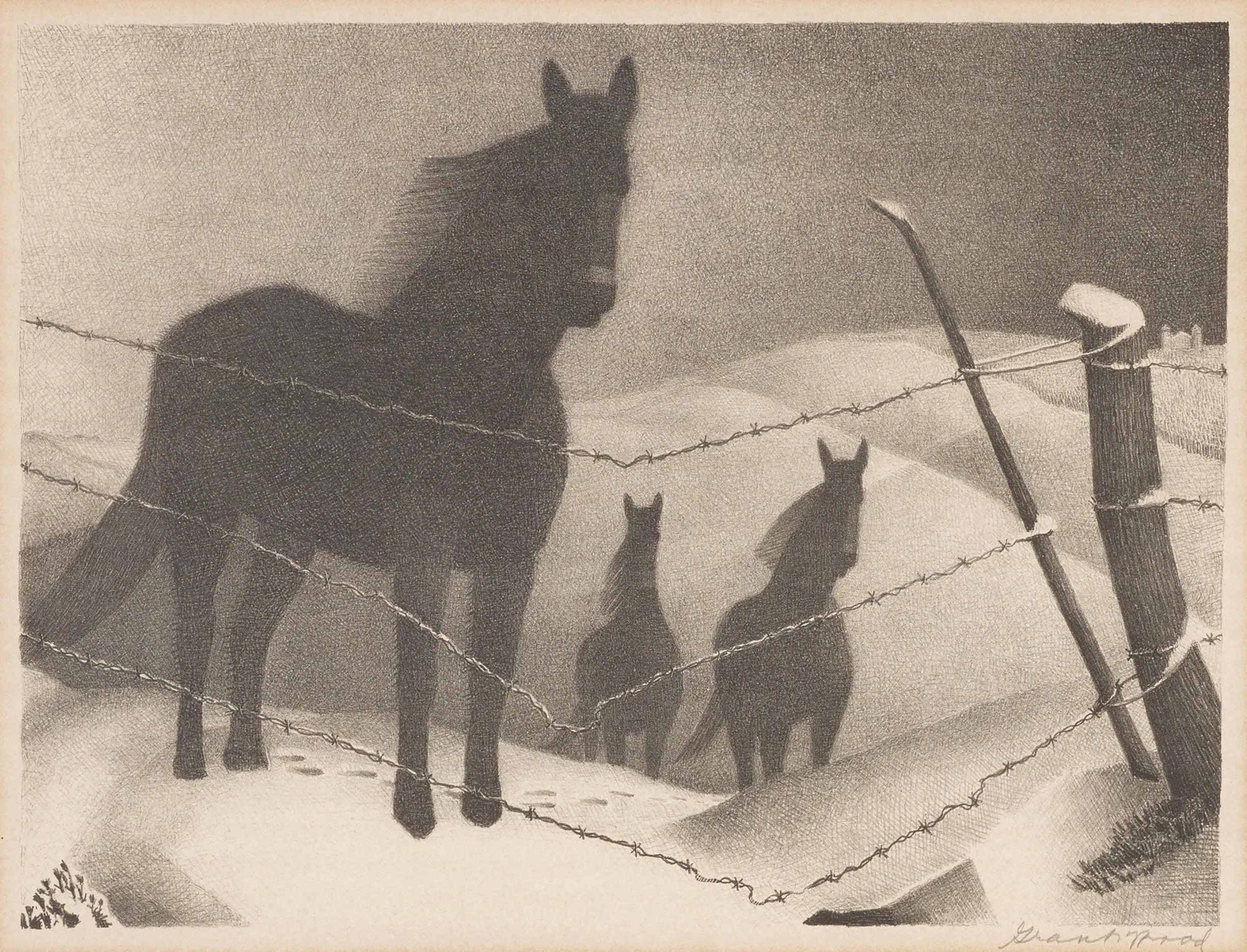 {{ product_title }} Fine Art Print | {{ product_vendor }} Jakero77 Grant Wood - February (1940) Horses in Snowstorm Fine Art Print Art Print  Jakero77