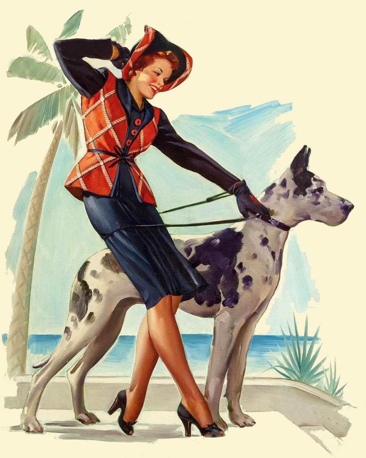 Gil Elvgren Great Dame Pin-Up Girl & Great Dane Vintage 1940 Fine Art Print