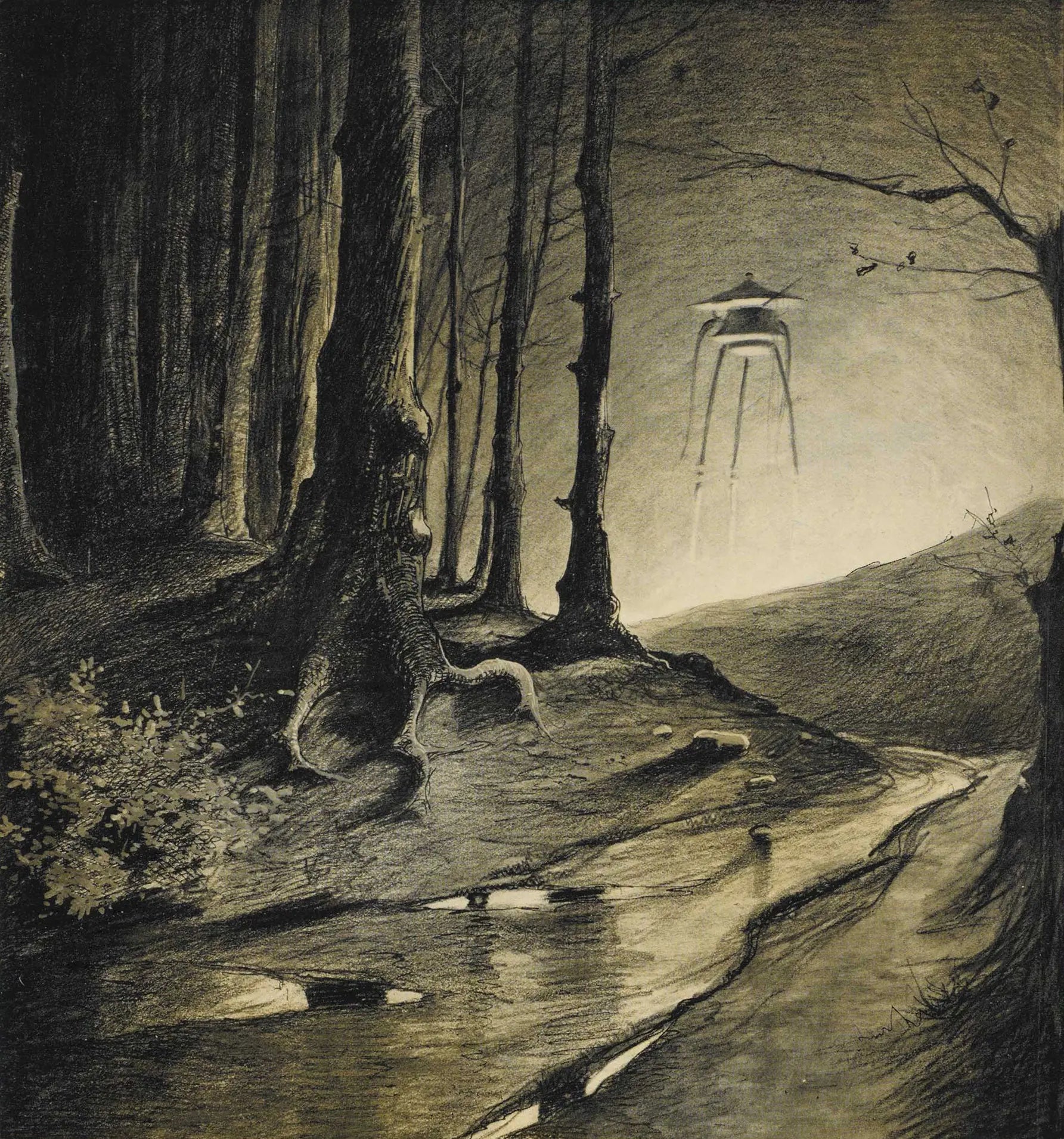 {{ product_title }} Fine Art Print | {{ product_vendor }} Jakero77 Henrique Alvim Correa - UFO Tripod in Forest Dead Birds in Stream (1906) Fine Art Print Art Print  Jakero77