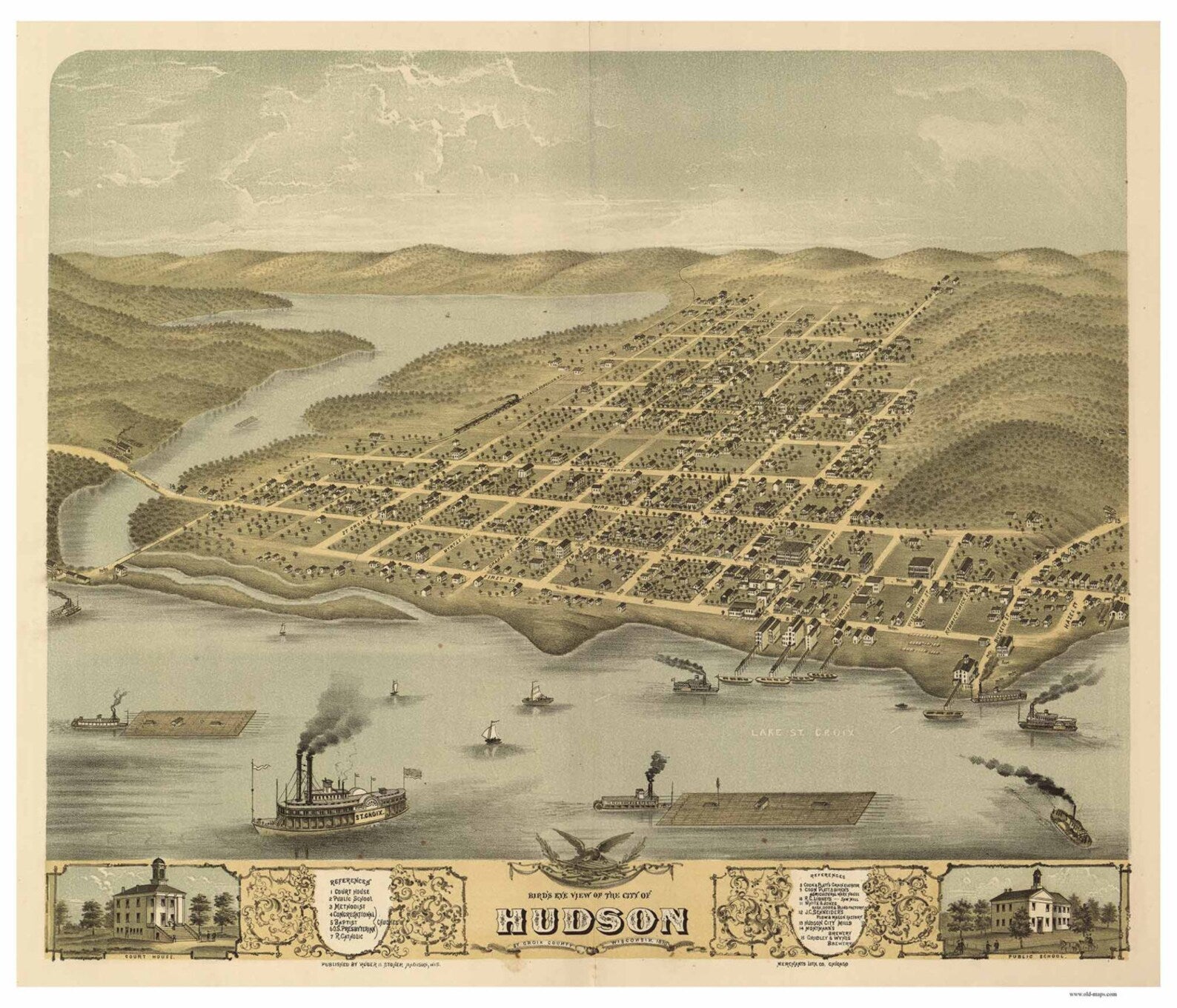 Hudson Wisconsin Vintage Panoramic City Map Print 1870 Fine Art Print