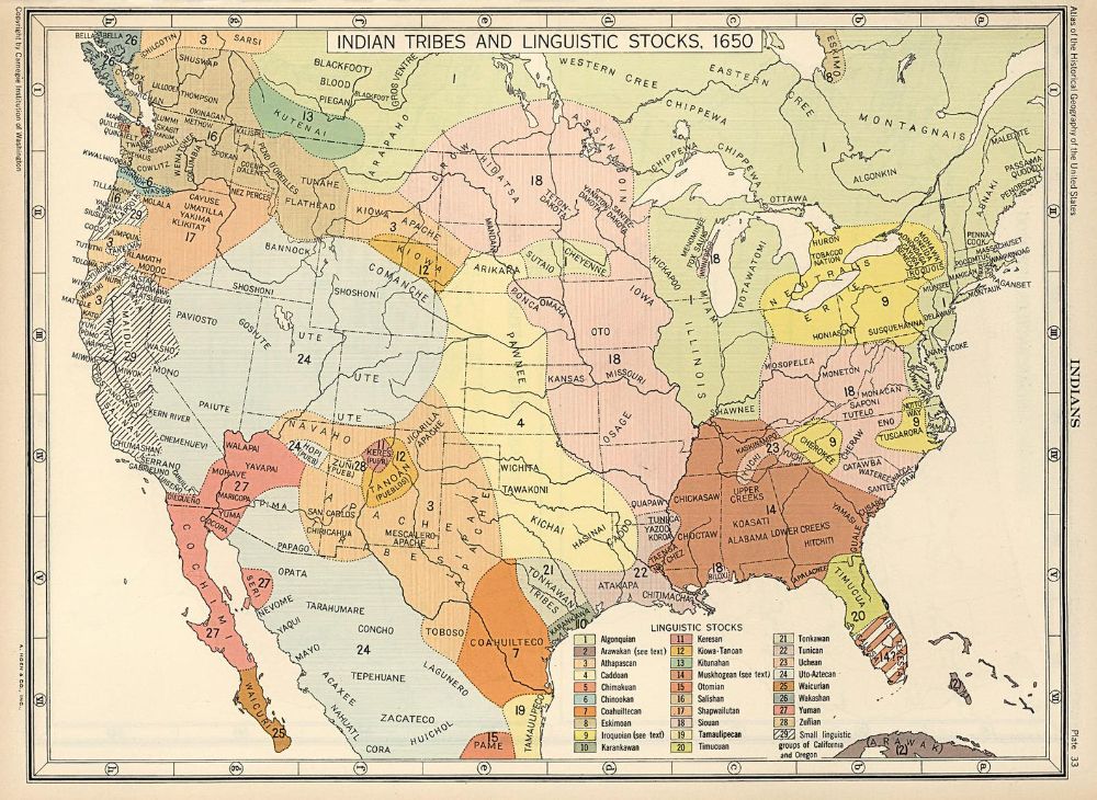 Native American Tribes & Linguistic Stocks Map Print 1650 Fine Art Print