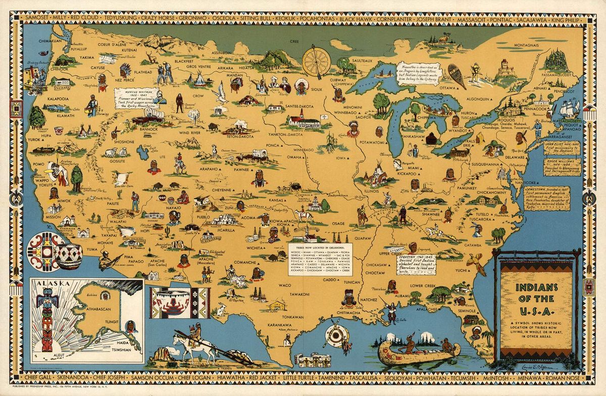 Native American Tribes of the USA Historical Map Vintage 1932 Fine Art Print