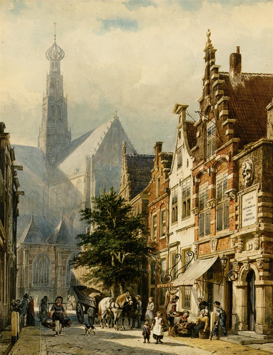 Cornelis Springer Many figures in the streets of Haarlem 1870 Fine Art Print