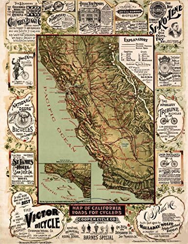 California Roads for Cyclists Map Print 1896 Fine Art Print