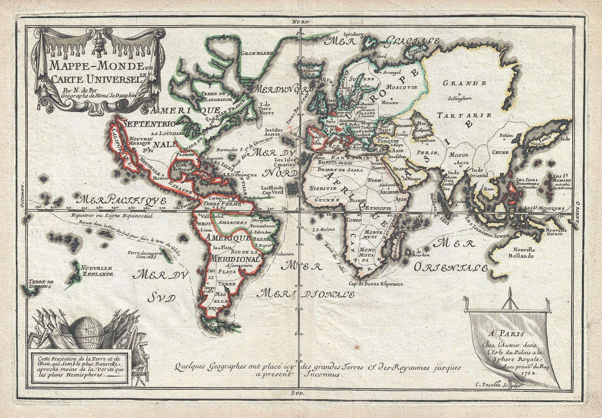 World Map Poster Historic Antique World Map Vintage 1705 Fine Art Print