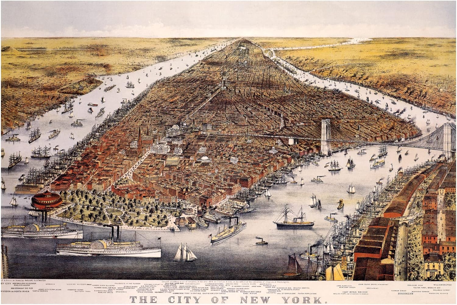New York City Panoramic Map Print Vintage Poster 1876 Fine Art Print