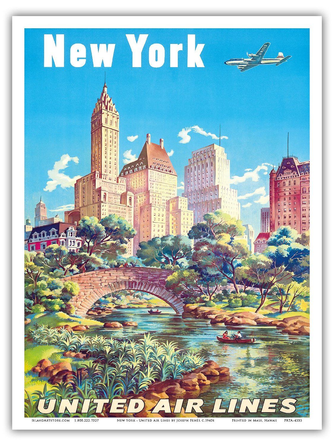 New York Classic Vintage Airline Travel Poster Print 1950 Fine Art Print