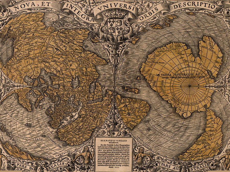 World Map from the North & South Poles Vintage Style 1530 Fine Art Print
