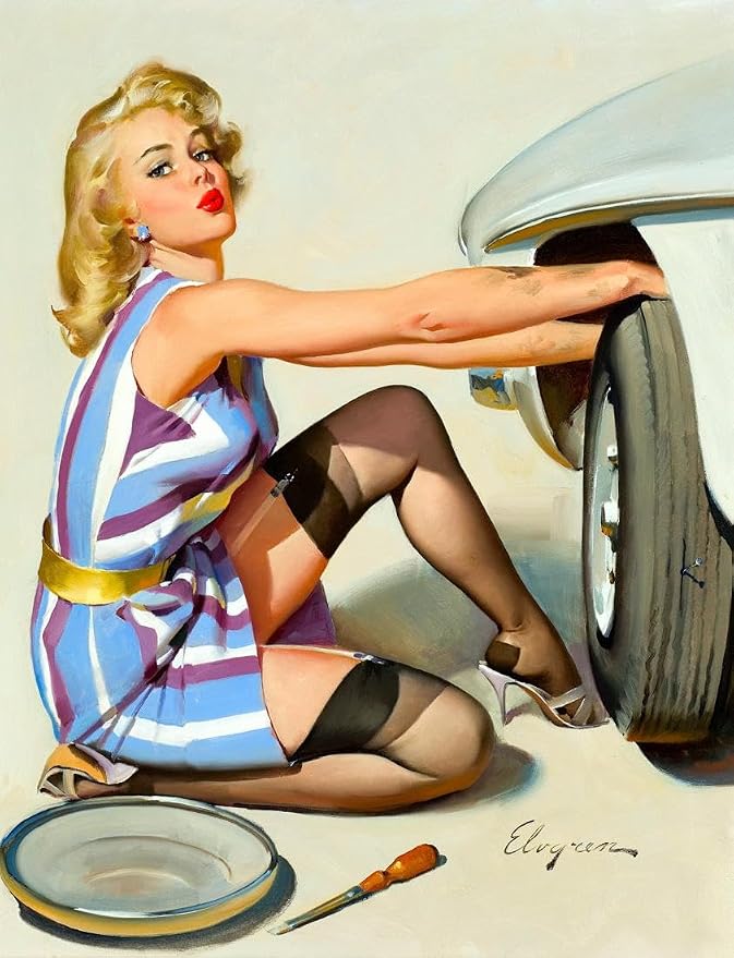 Gil Elvgren "Quick Change" Vintage PinUp Girl Auto Repair 1966 Fine Art Print