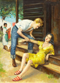 {{ product_title }} Fine Art Print | {{ product_vendor }} Jakero77 Romance in 1950s Gentleman Courts Lady in Yellow Dress - 17"x22" Fine Art Print Art Print  Jakero77