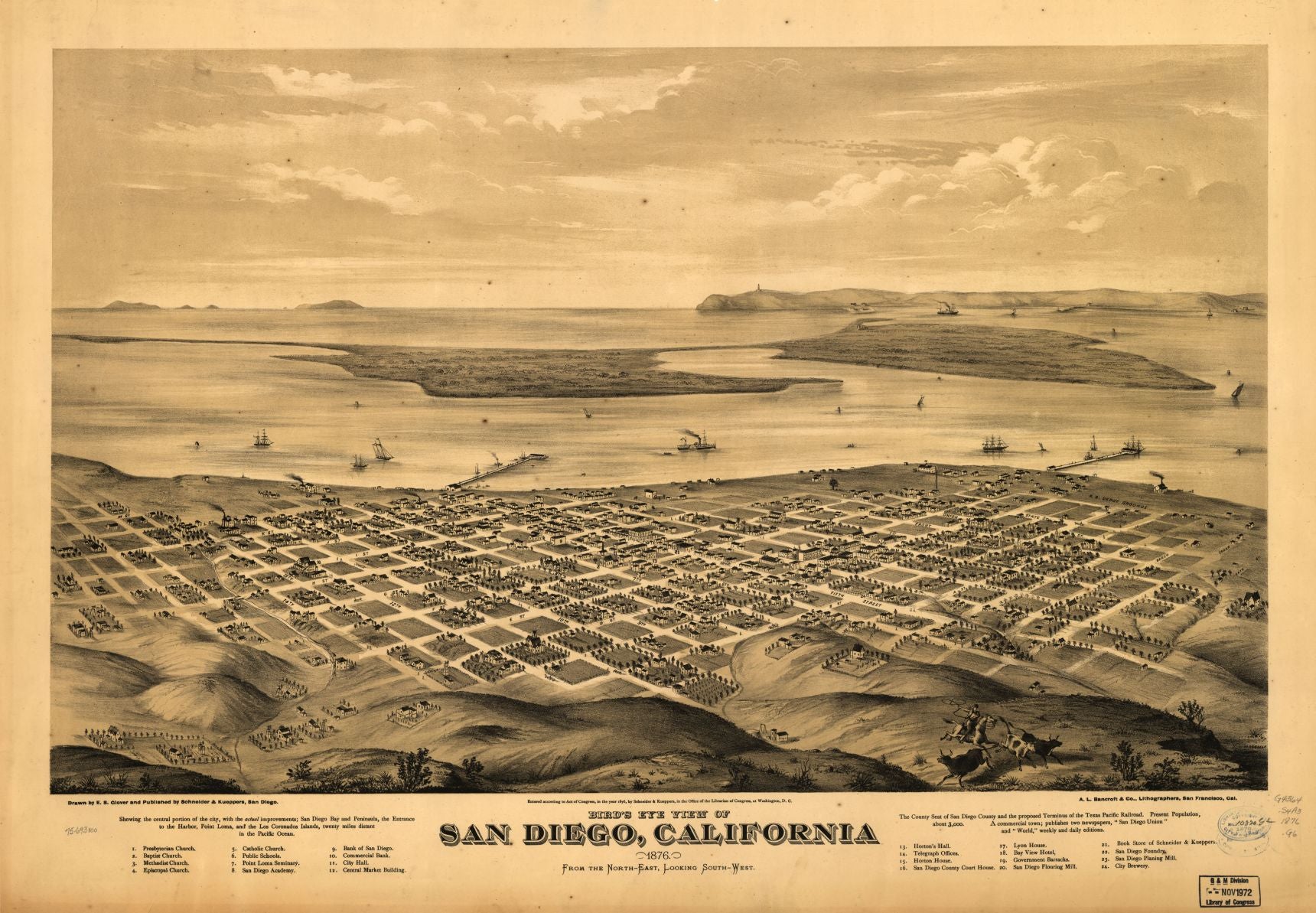 Bird's Eye View of San Diego California Vintage City Map 1876 Fine Art Print