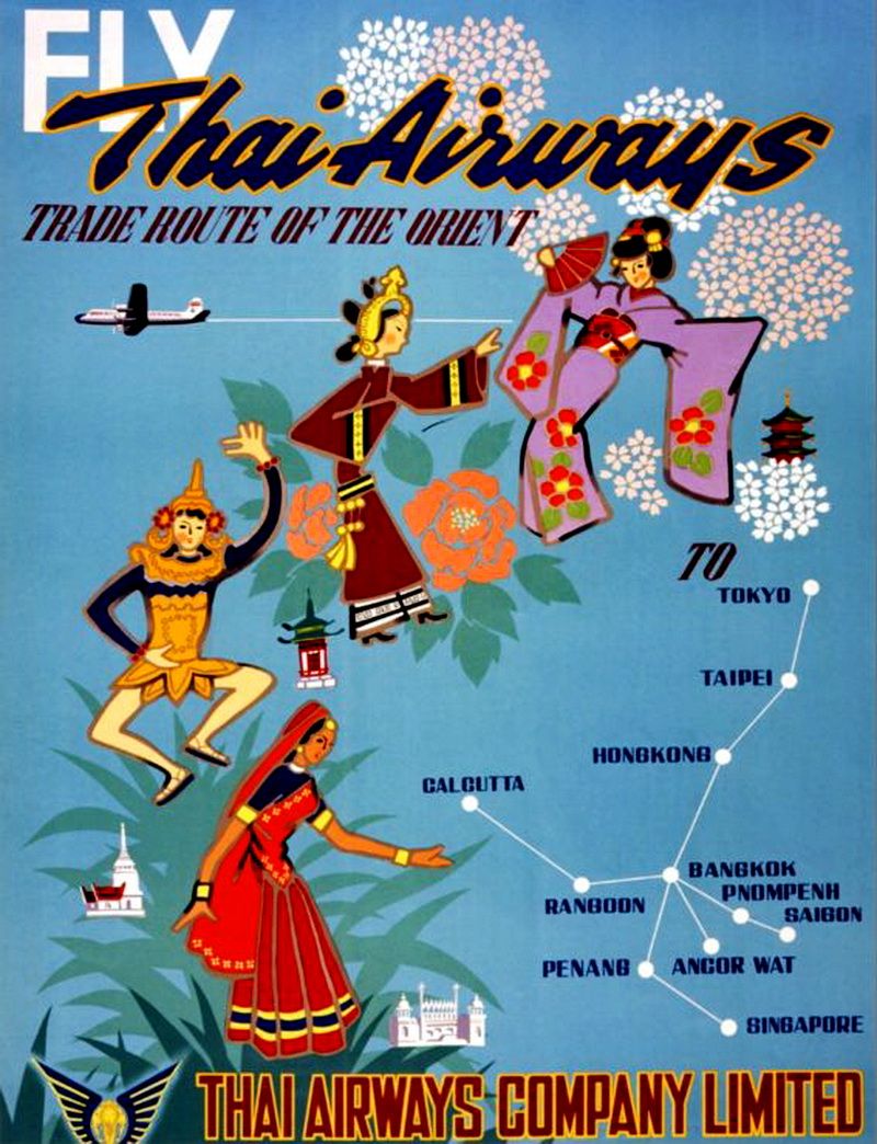 See Thailand via Thai Airways Vintage Style Travel Poster 1950 Fine Art Print