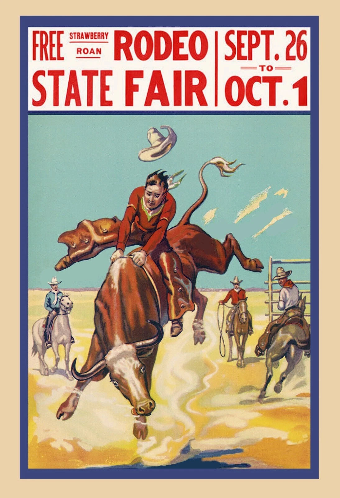 State Fair Rodeo Cowboy Steer Riding Vintage 1930 Fine Art Print