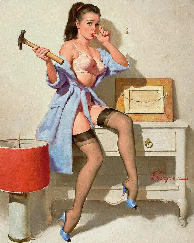 Gil Elvgren "The Wrong Nail" Vintage Pin-Up Girl Post 1967 Fine Art Print