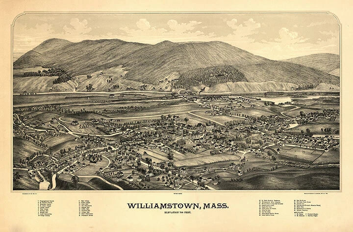 Bird's Eye View of Williamstown Massachusetts 1889 Vintage Fine Art Print