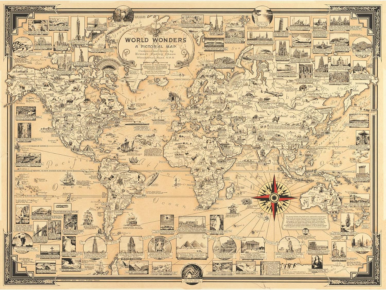 World Wonders Map Poster Vintage Historical World Map 1939 Fine Art Print