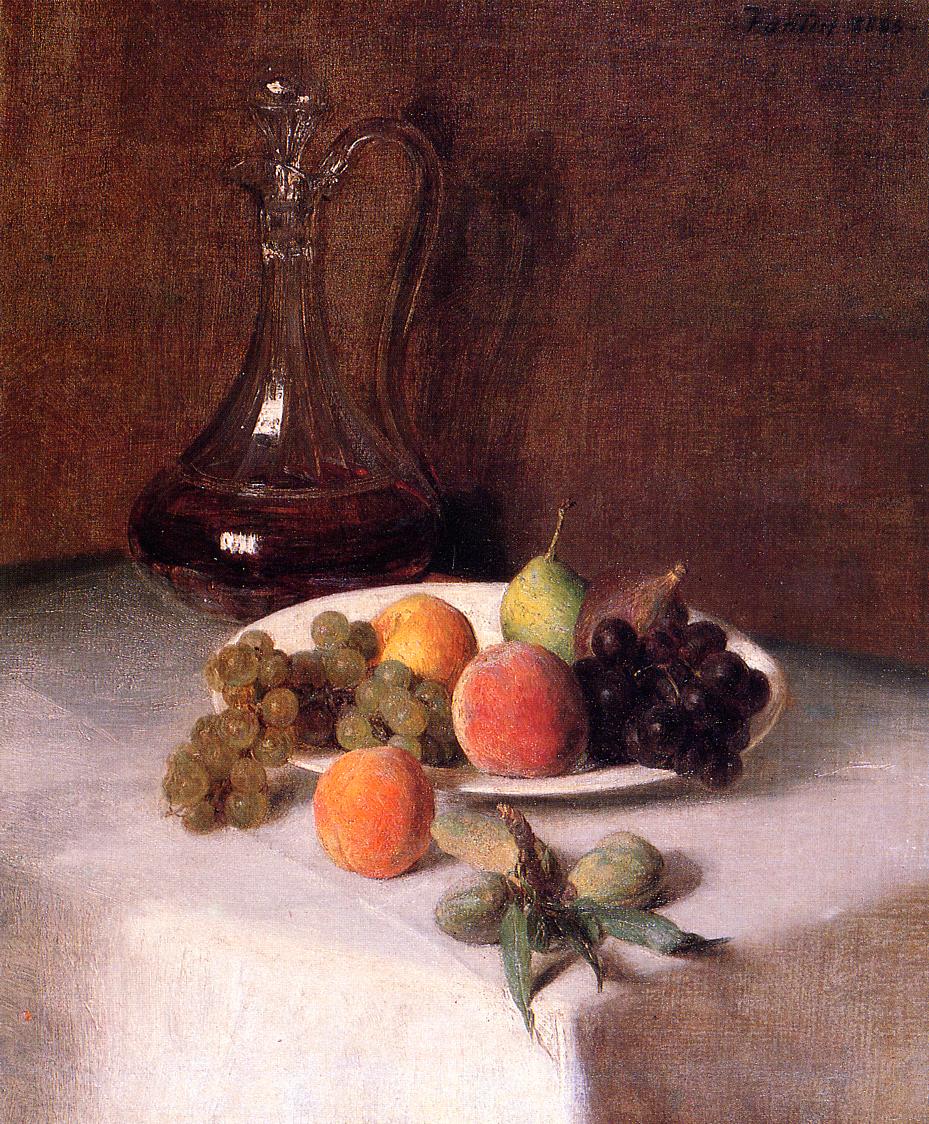 Henri Fantin-Latour A Carafe of Wine and Plate of Fruit on a White Tablecloth 1865 Fine Art Print