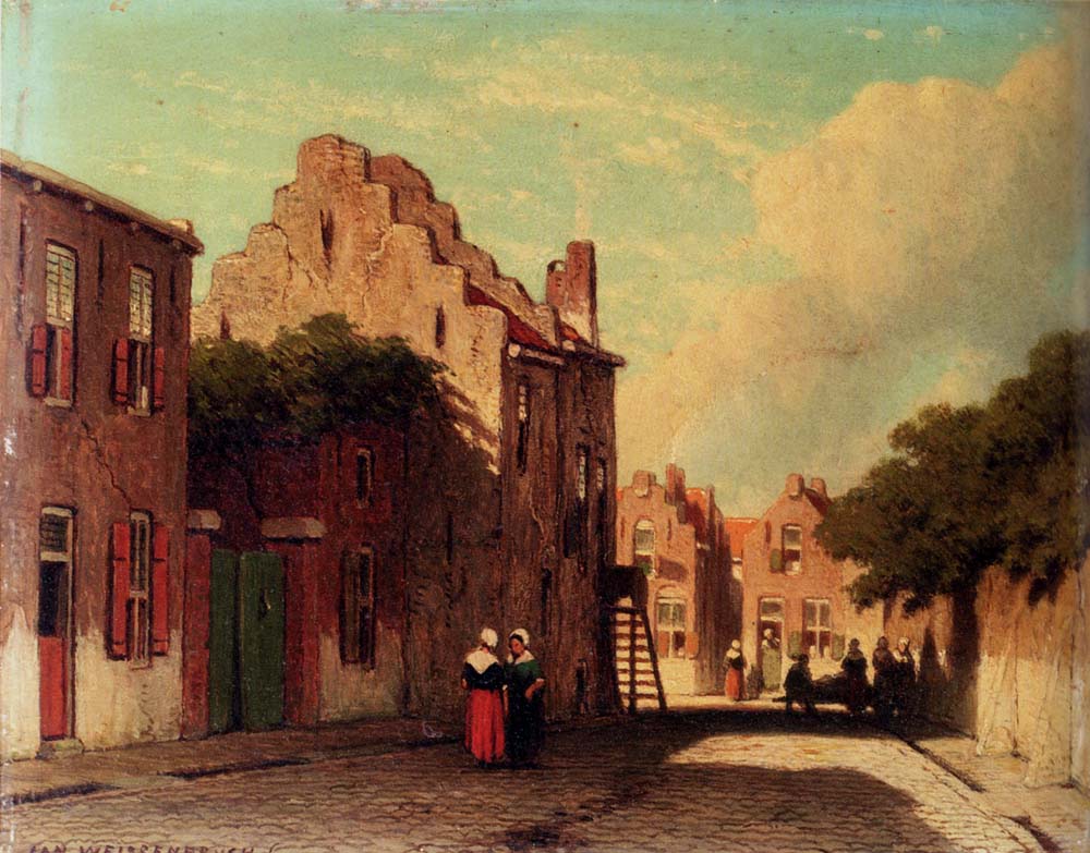 Johan Hendrik Weissenbruch A Sunlit Townview With Figures Conversing 1870 Fine Art Print