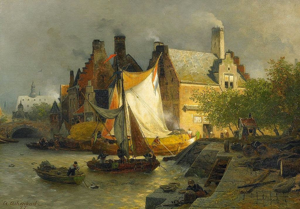 Andreas Achenbach Moored Boats in A Dutch Harbor 1880-1900 Fine Art Print