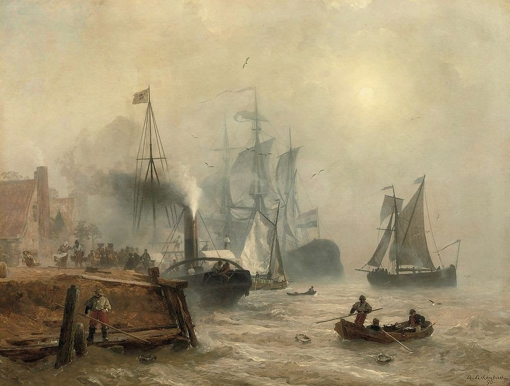 Andreas Achenbach Moored Steam Drill At A Busy Quay, Holland 1890 Fine Art Print