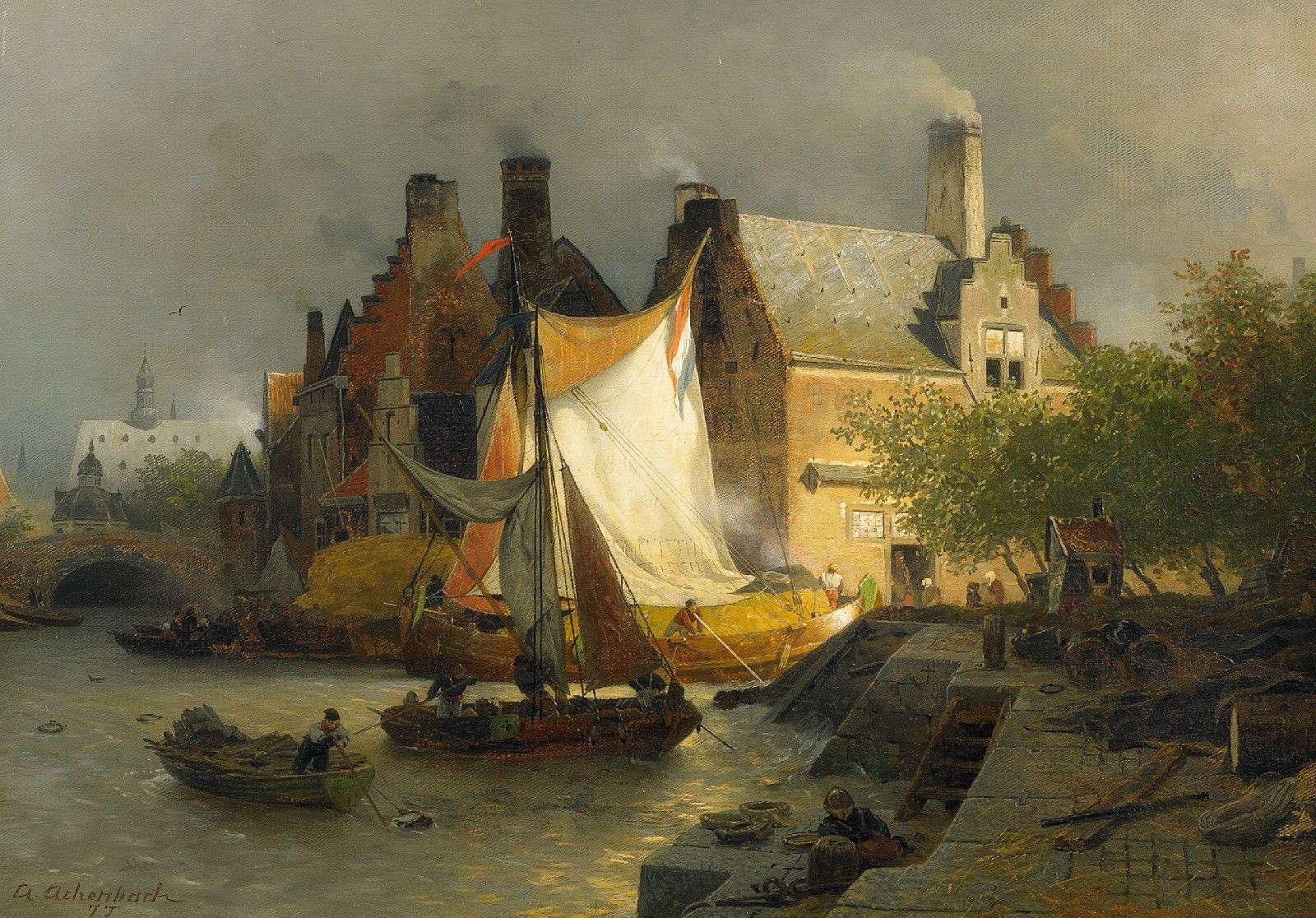 Andreas Achenbach Mooring Boats at a Dutch Harbor 1877 Fine Art Print