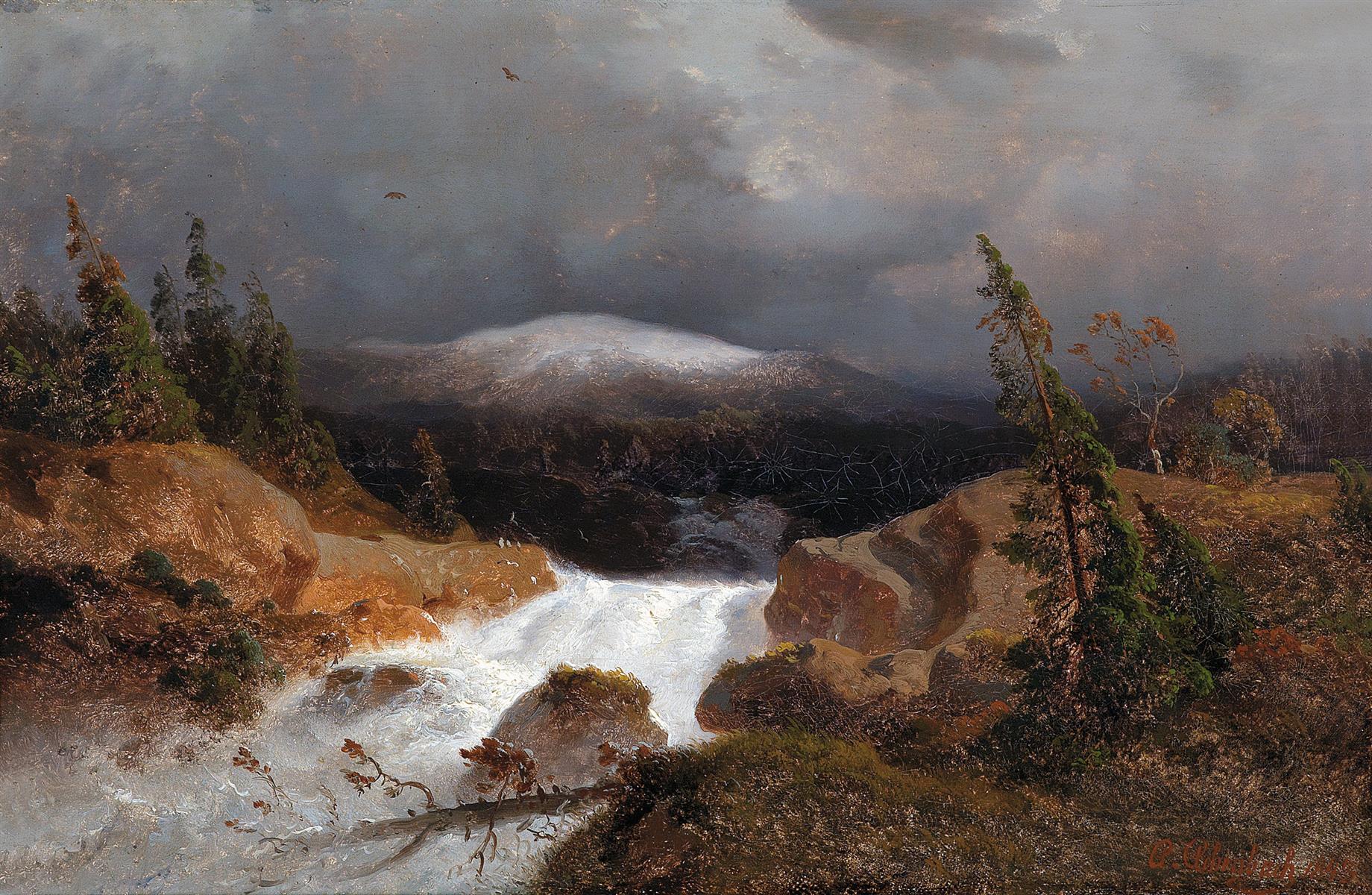 Andreas Achenbach Mill in the Forest on a Falling Mountain WaterNorwegian Mountain Landscape with a Mountain Stream 1843 Fine Art Print