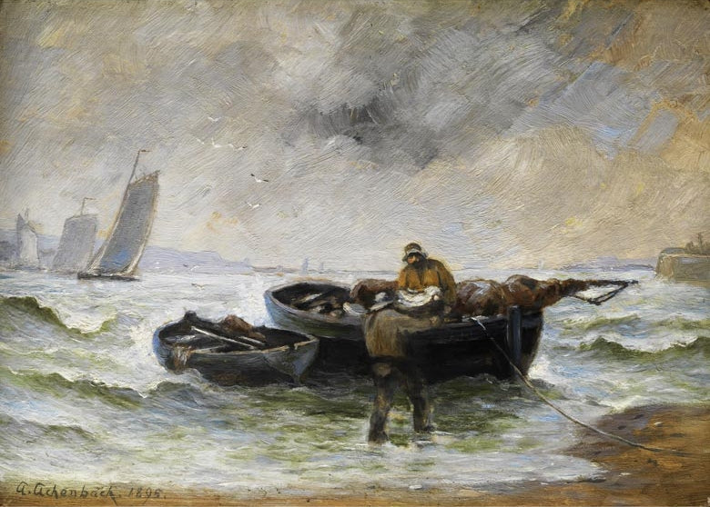 Andreas Achenbach Two Fishermen Unloading a Boat with Furled Sails 1895 Fine Art Print