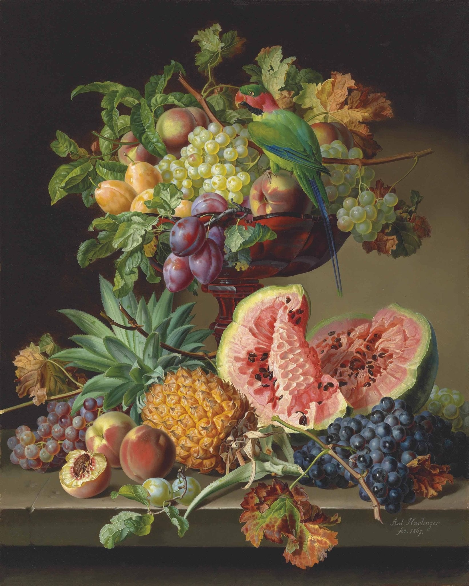 Anton Hartinger Still Life with Fruit and a Parrot 1867 Fine Art Print Fine Art Print | Jakero77