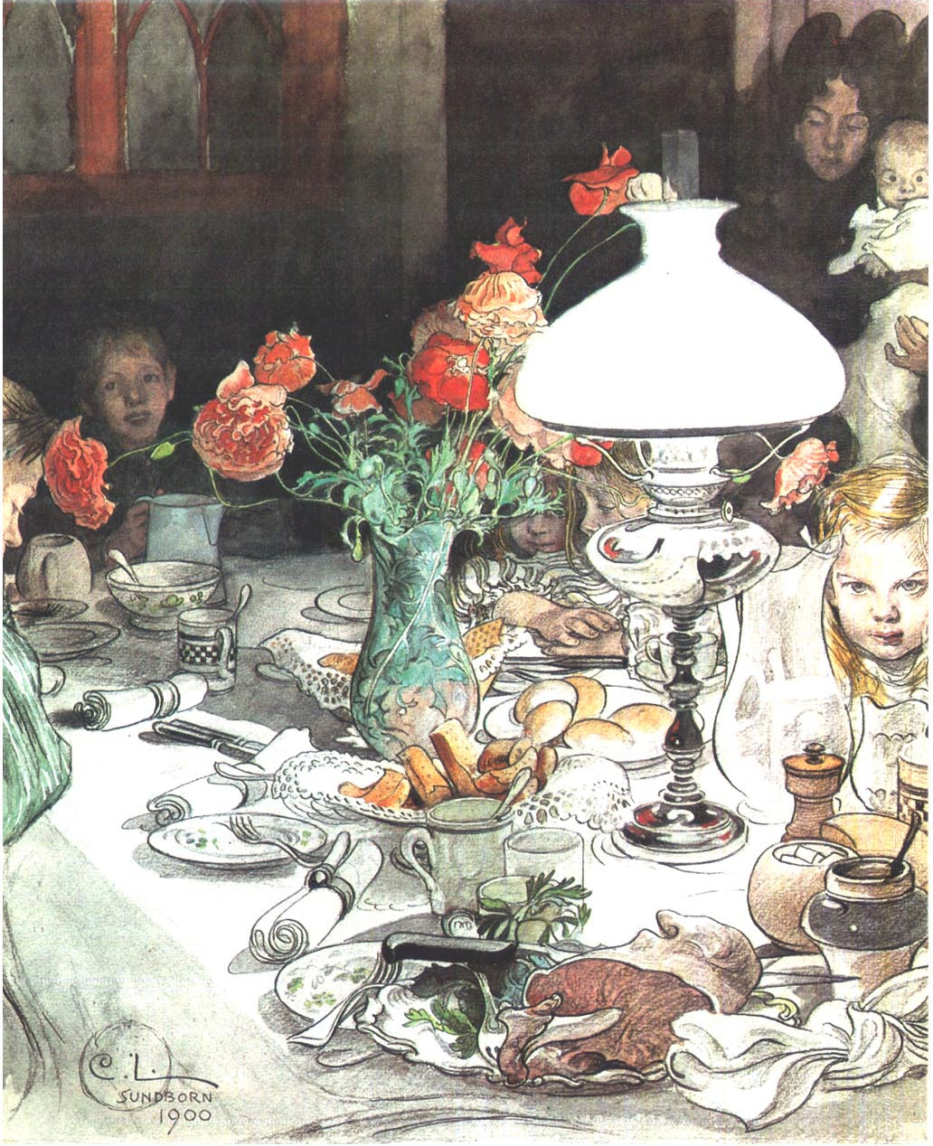 Carl Larsson Around the Lamp at Evening 1900 Fine Art Print