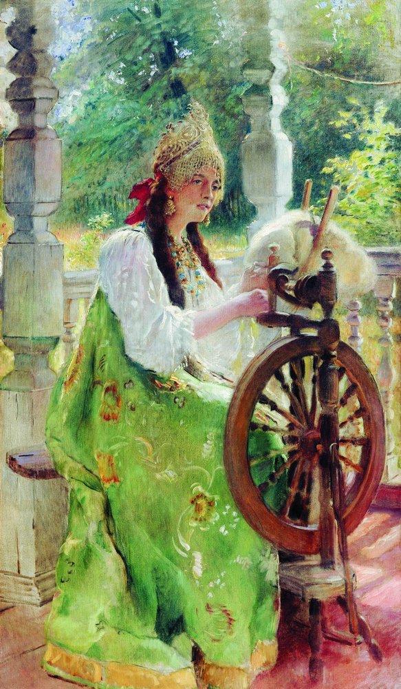 Konstantin Makovsky At the Spinning-Wheel 1890 Fine Art Print