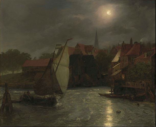 Andreas Achenbach Boats on a Canal, Moonlight 1890 Fine Art Print