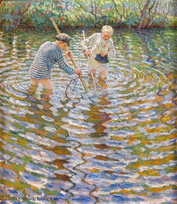 Nikolay Bogdanov Belsky Boys Catching Fish 1917 Fine Art Print