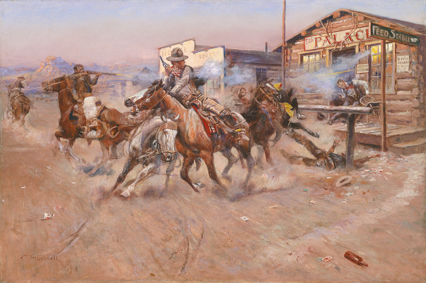 {{ product_title }} Fine Art Print | {{ product_vendor }} Jakero77 Charles Marion Russell Smoke of a 45 Gun Old West Town 1908 Art Print Art Print  Jakero77