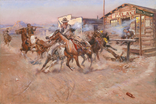 {{ product_title }} Fine Art Print | {{ product_vendor }} Jakero77 Charles Marion Russell Smoke of a 45 Gun Old West Town 1908 Art Print Art Print  Jakero77