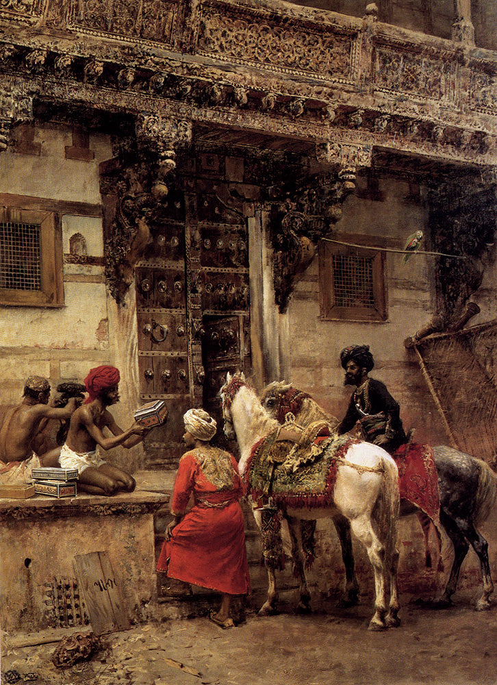 Edwin Lord Weeks Craftsman Selling Cases By A Teak Wood Building, Ahmedabad 1885 Fine Art Print