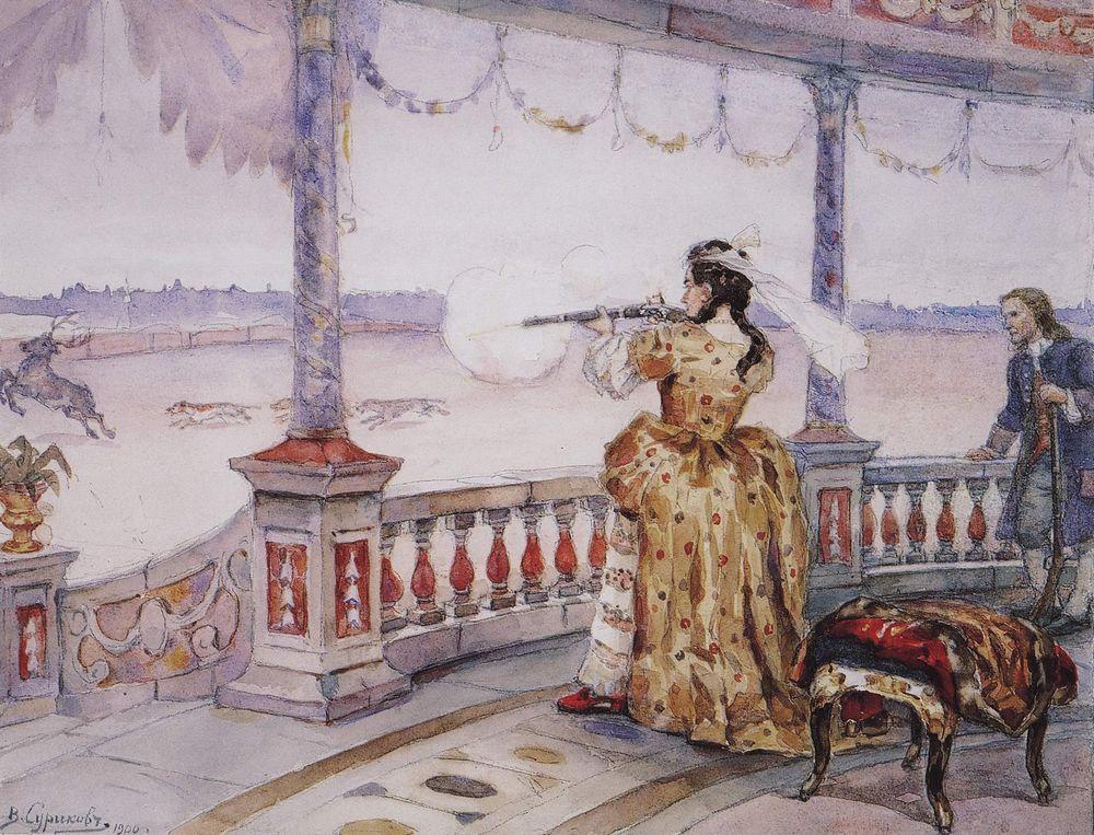 Vasily Surikov Empress Anna Loannovna in Peterhof Temple Shoots Deer 1900 Fine Art Print