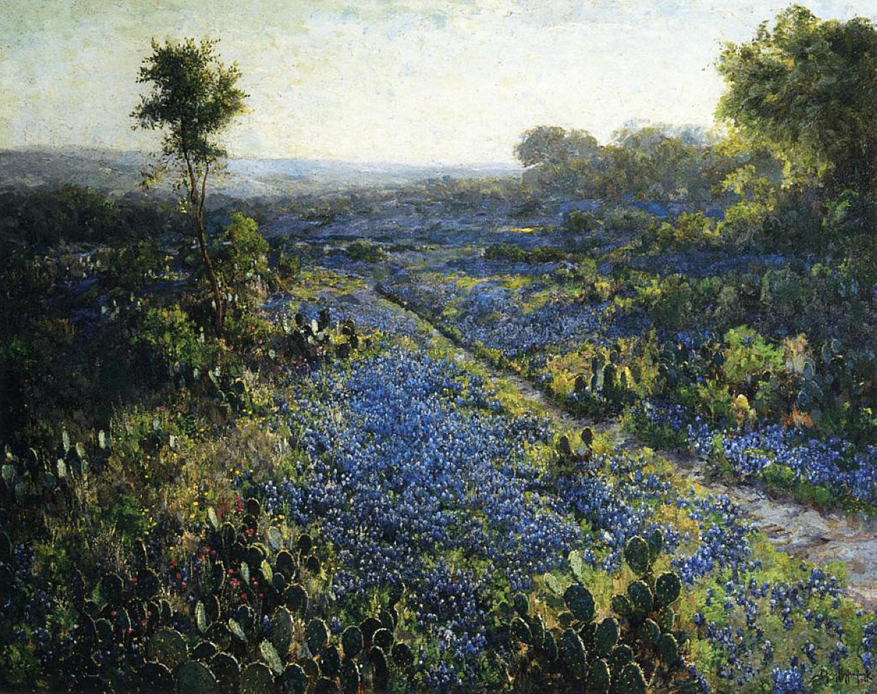 Robert Julian Onderdonk Field of Texas Bluebonnets and Prickly Pear Cacti 1918 Fine Art Print
