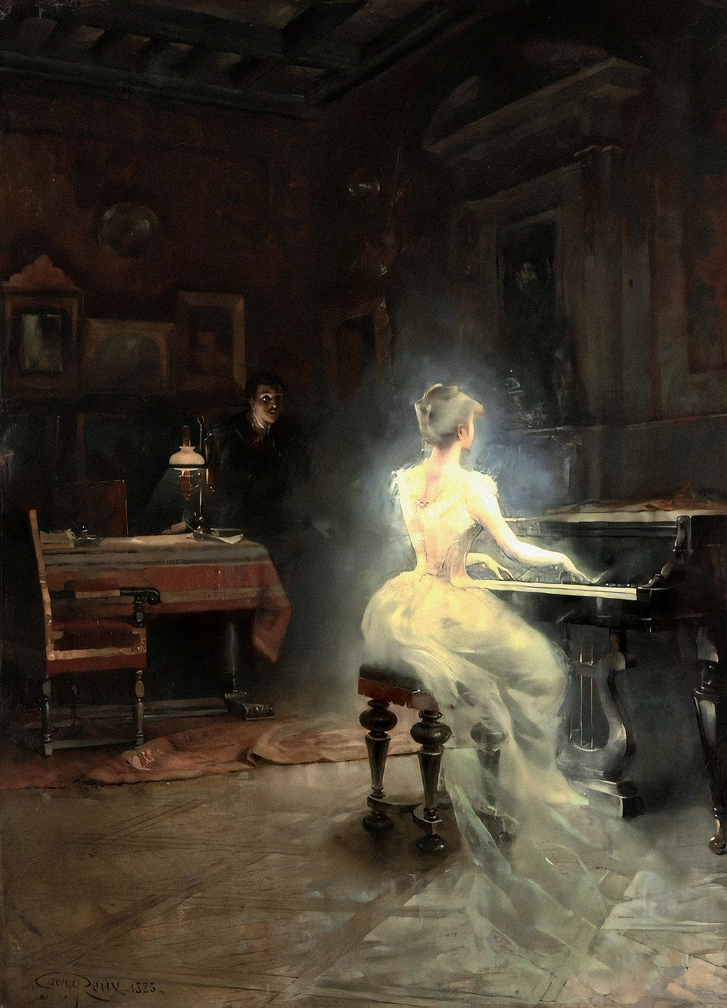 {{ product_title }} Fine Art Print | {{ product_vendor }} Jakero77 George Roux Spirit Lady Playing Piano in Victorian House 1885 Fine Art Print Art Print  Jakero77