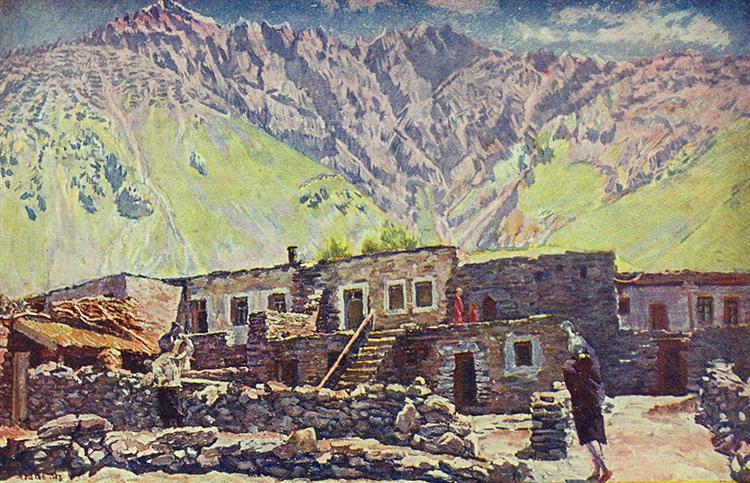 Ilya Mashkov Georgia. Kazbek. Shat-Mountain and Village 1920 Fine Art Print