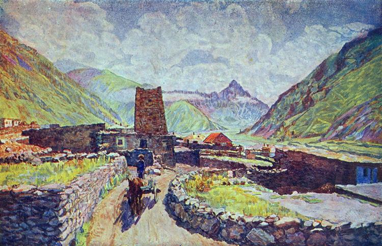 Ilya Mashkov Georgia. Kazbek. View of the Mountain Kabardzhino and Village 1920 Fine Art Print