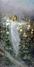 Wilhelm Kotarbinski Girl Between Hollyhocks 1900 Fine Art Print
