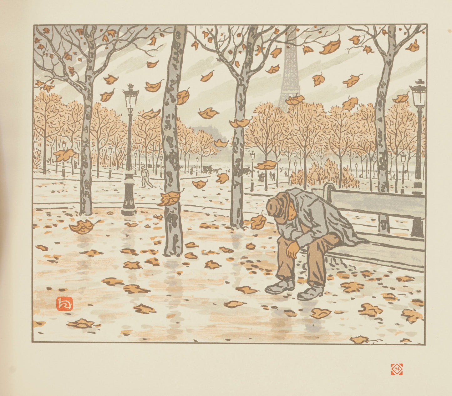 {{ product_title }} Fine Art Print | {{ product_vendor }} Jakero77 Henri Riviere Man on Bench Autumn 1900 Paris Eiffel Tower Fine Art Print Art Print  Jakero77