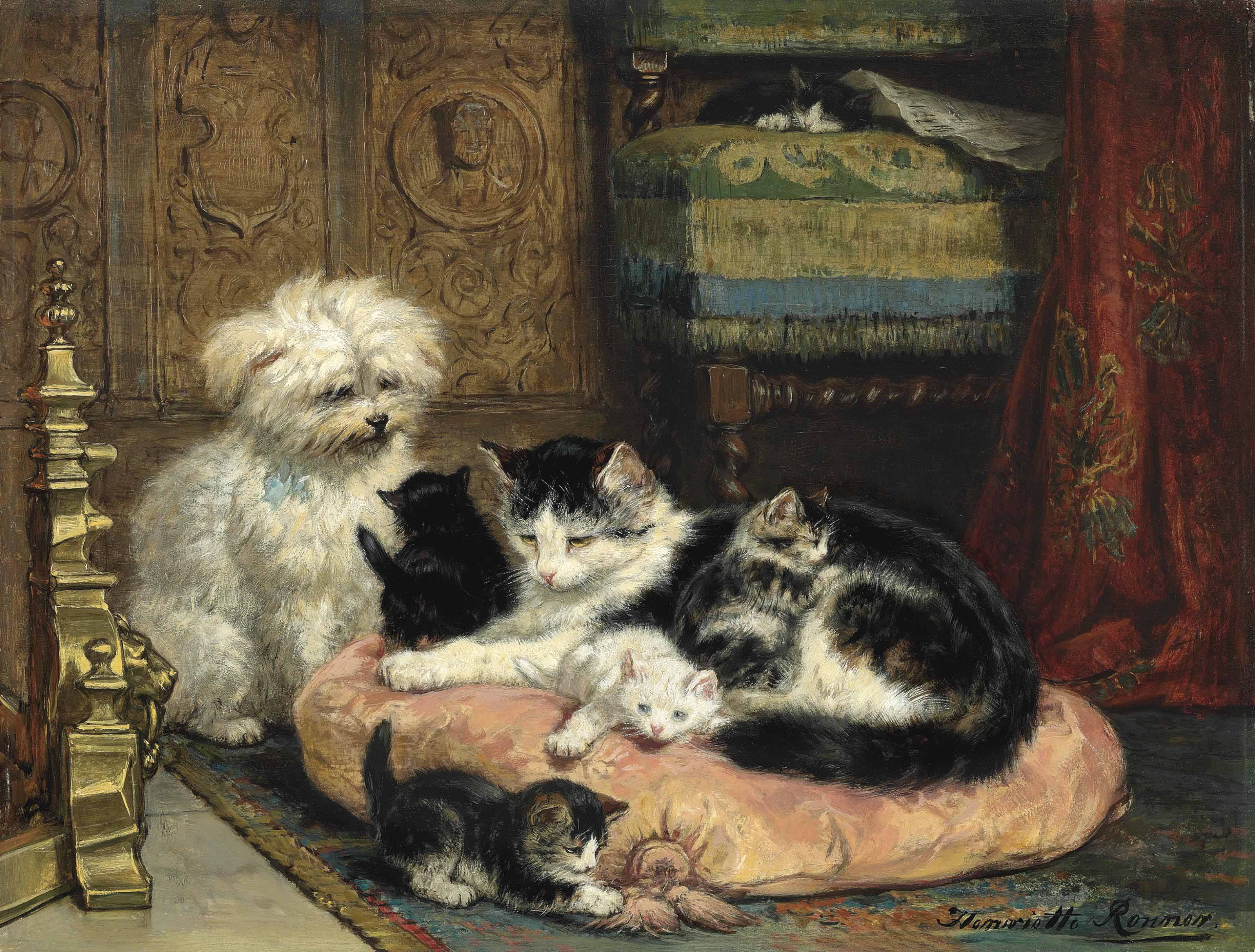 {{ product_title }} Fine Art Print | {{ product_vendor }} Jakero77 Henriëtte Ronner-Knip Cat Mother Playful Kittens Terrier Dog 1880s Fine Art Print Art Print  Jakero77